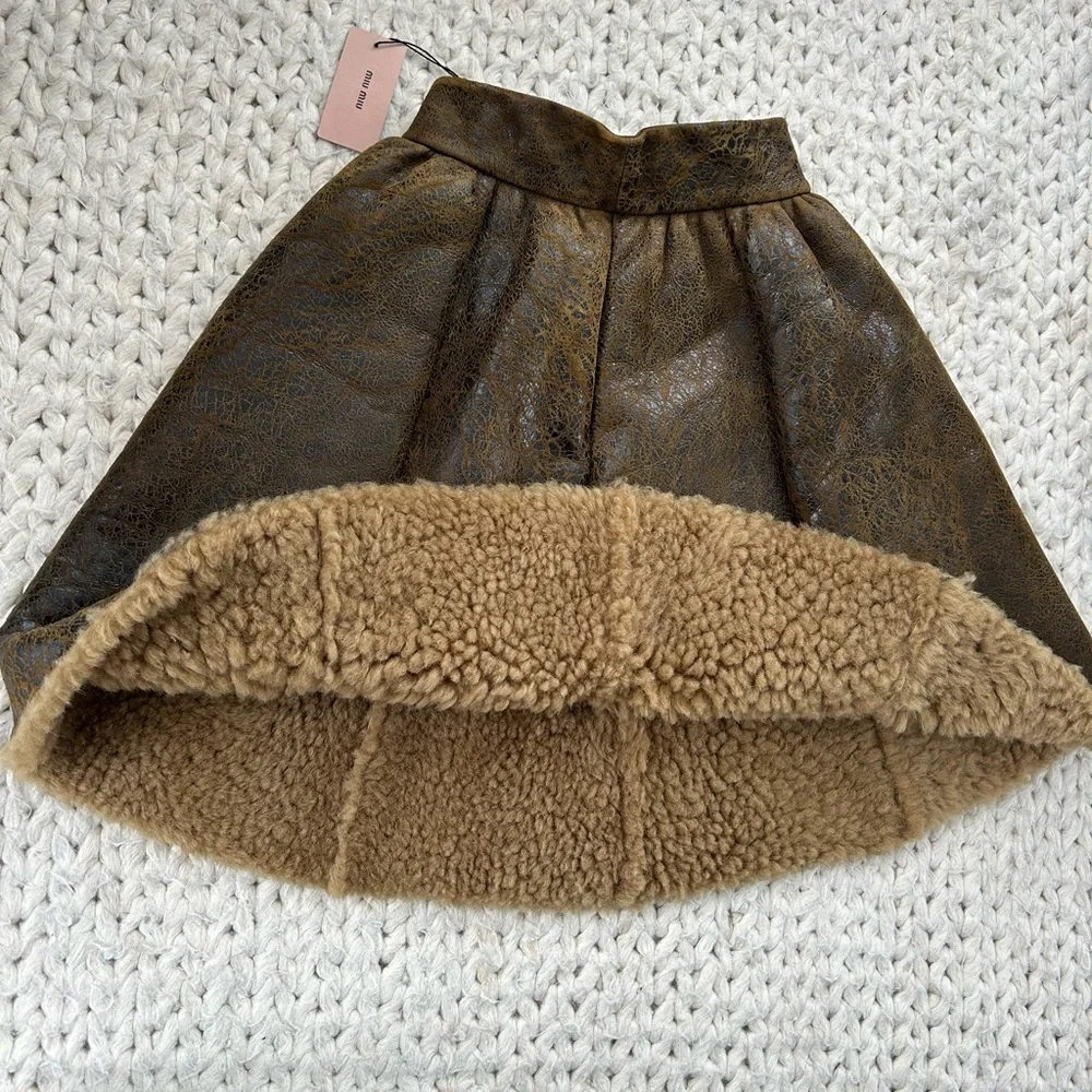 Miu Miu Brown Textured Leather & Sheep Skin Circle Skirt - Picture 7 of 15